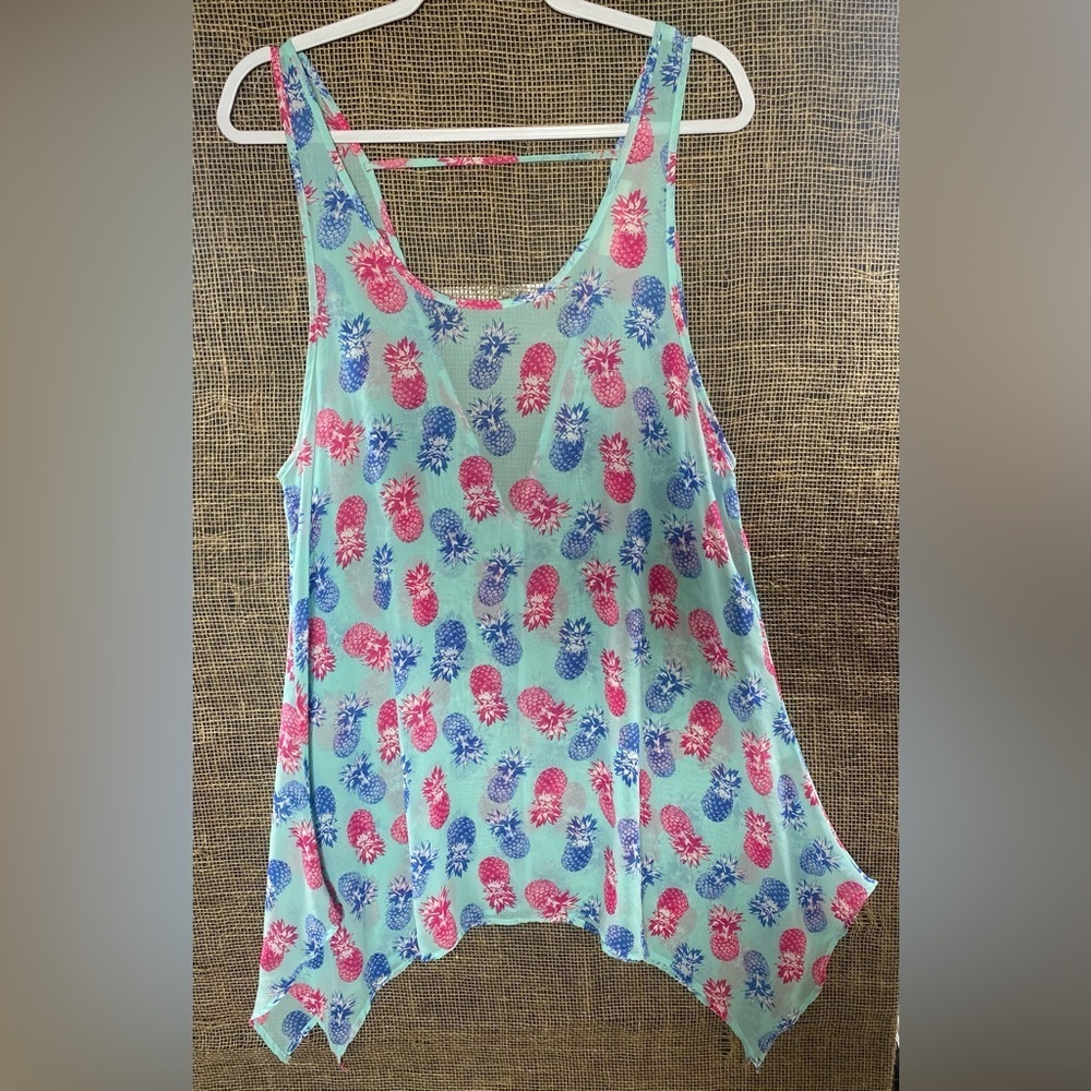 Francesca’s Aqua Top/Cover Up w/Pink & Blue Pineapples, Size M/L, Asymmetrical